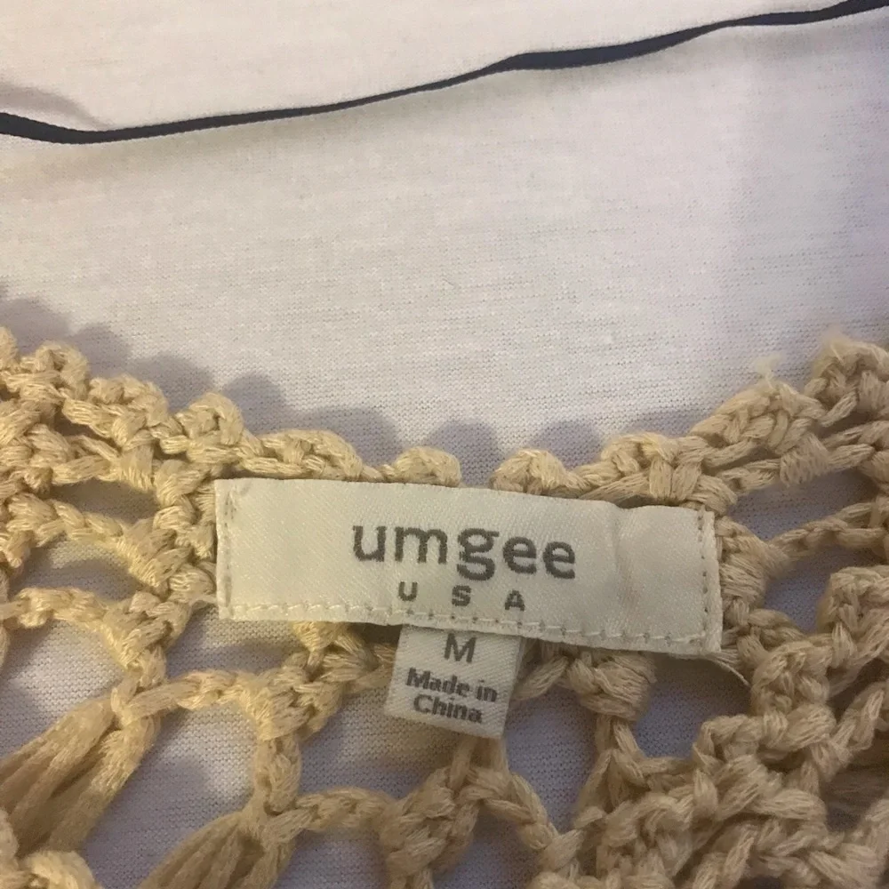 UmGee boho v neck top hollow out coverup. Navy fabric with beige crochet.